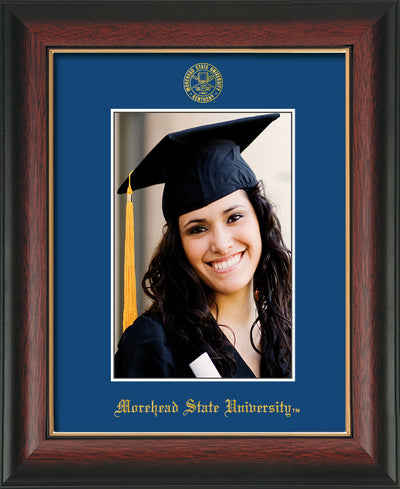 Image of Morehead State University 5 x 7 Photo Frame - Rosewood w/Gold Lip - w/Official Embossing of MSU Seal & Name - Single Royal Blue mat