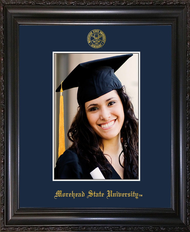 Image of Morehead State University 5 x 7 Photo Frame - Vintage Black Scoop - w/Official Embossing of MSU Seal & Name - Single Navy mat
