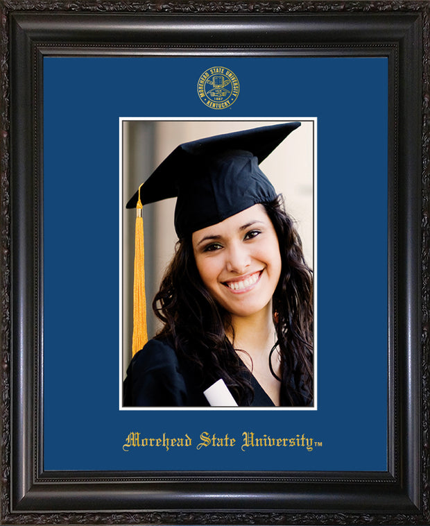Image of Morehead State University 5 x 7 Photo Frame - Vintage Black Scoop - w/Official Embossing of MSU Seal & Name - Single Royal Blue mat