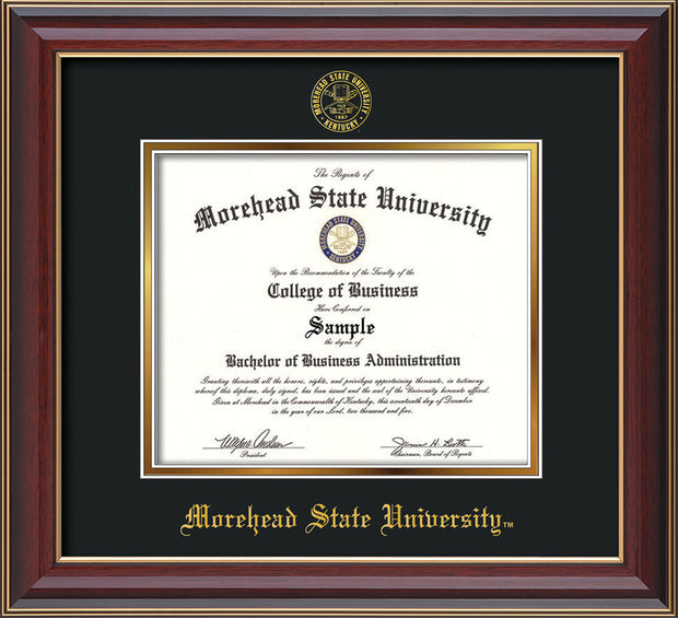 Image of Morehead State University Diploma Frame - Cherry Lacquer - w/Embossed MSU Seal & Name - Black on Gold mat