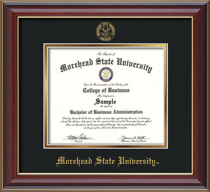 Image of Morehead State University Diploma Frame - Cherry Lacquer - w/Embossed MSU Seal & Name - Black on Gold mat