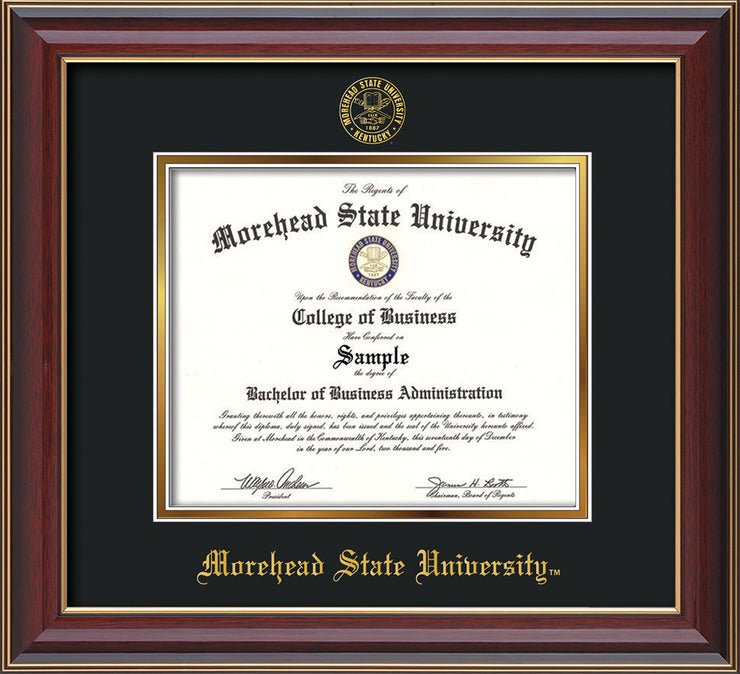 Image of Morehead State University Diploma Frame - Cherry Lacquer - w/Embossed MSU Seal & Name - Black on Gold mat