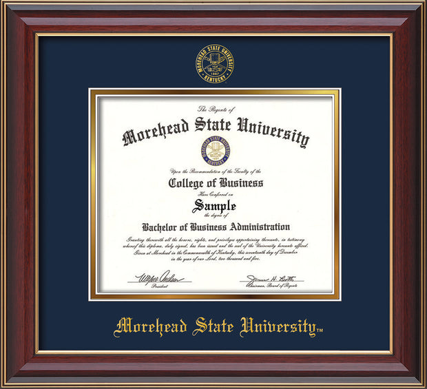 Image of Morehead State University Diploma Frame - Cherry Lacquer - w/Embossed MSU Seal & Name - Navy on Gold mat