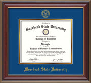 Image of Morehead State University Diploma Frame - Cherry Lacquer - w/Embossed MSU Seal & Name - Royal Blue on Gold mat