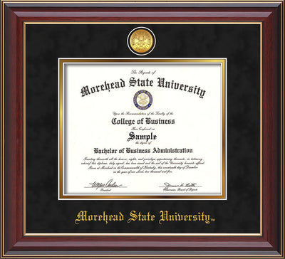 Image of Morehead State University Diploma Frame - Cherry Lacquer - w/24k Gold Plated Medallion MSU Name Embossing - Black Suede on Gold Mat