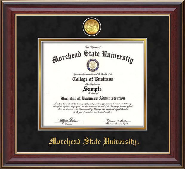 Image of Morehead State University Diploma Frame - Cherry Lacquer - w/24k Gold Plated Medallion MSU Name Embossing - Black Suede on Gold Mat