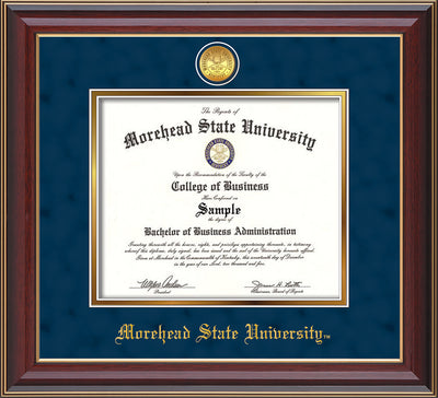 Image of Morehead State University Diploma Frame - Cherry Lacquer - w/24k Gold Plated Medallion MSU Name Embossing - Navy Suede on Gold Mat