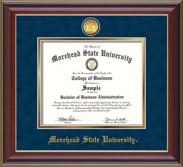 Image of Morehead State University Diploma Frame - Cherry Lacquer - w/24k Gold Plated Medallion MSU Name Embossing - Navy Suede on Gold Mat
