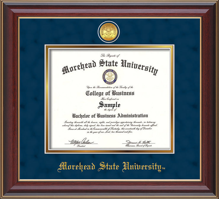 Image of Morehead State University Diploma Frame - Cherry Lacquer - w/24k Gold Plated Medallion MSU Name Embossing - Navy Suede on Gold Mat