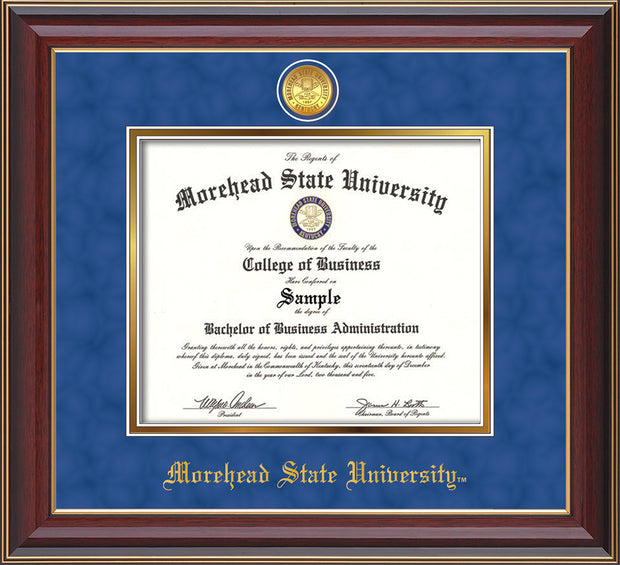 Image of Morehead State University Diploma Frame - Cherry Lacquer - w/24k Gold Plated Medallion MSU Name Embossing - Royal Blue Suede on Gold Mat