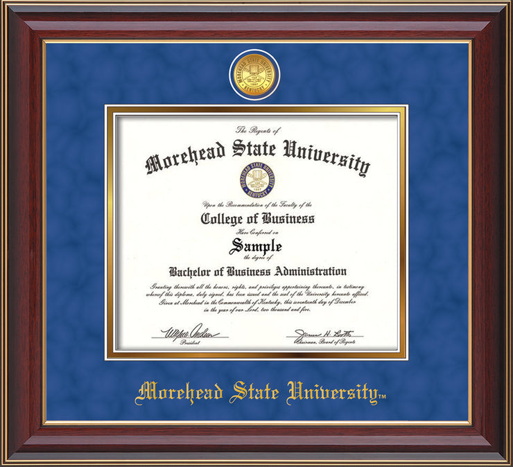 Image of Morehead State University Diploma Frame - Cherry Lacquer - w/24k Gold Plated Medallion MSU Name Embossing - Royal Blue Suede on Gold Mat