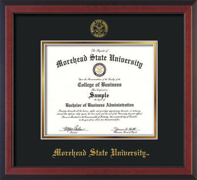 Image of Morehead State University Diploma Frame - Cherry Reverse - w/Embossed MSU Seal & Name - Black on Gold mat