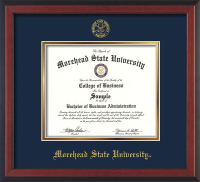 Image of Morehead State University Diploma Frame - Cherry Reverse - w/Embossed MSU Seal & Name - Navy on Gold mat