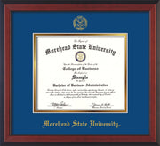 Image of Morehead State University Diploma Frame - Cherry Reverse - w/Embossed MSU Seal & Name - Royal Blue on Gold mat