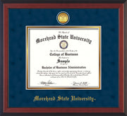 Image of Morehead State University Diploma Frame - Cherry Reverse - w/24k Gold Plated Medallion MSU Name Embossing - Navy Suede on Gold Mat