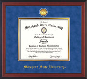 Image of Morehead State University Diploma Frame - Cherry Reverse - w/24k Gold Plated Medallion MSU Name Embossing - Royal Blue Suede on Gold Mat