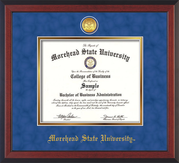 Image of Morehead State University Diploma Frame - Cherry Reverse - w/24k Gold Plated Medallion MSU Name Embossing - Royal Blue Suede on Gold Mat
