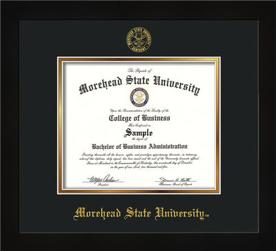 Image of Morehead State University Diploma Frame - Flat Matte Black - w/Embossed MSU Seal & Name - Black on Gold mat