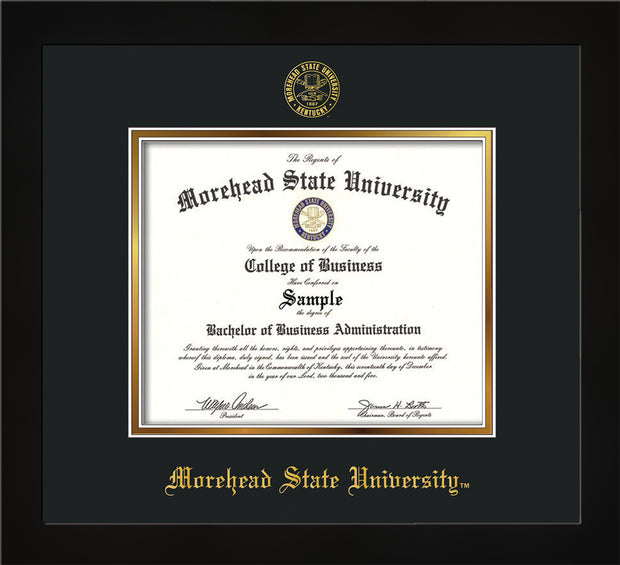 Image of Morehead State University Diploma Frame - Flat Matte Black - w/Embossed MSU Seal & Name - Black on Gold mat