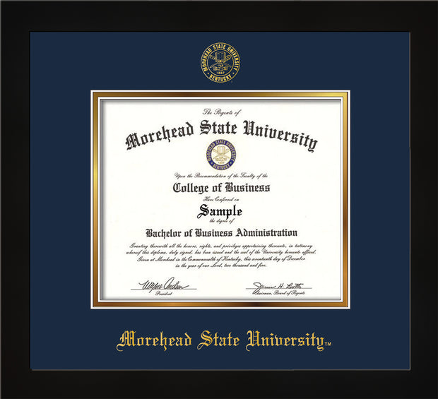 Image of Morehead State University Diploma Frame - Flat Matte Black - w/Embossed MSU Seal & Name - Navy on Gold mat