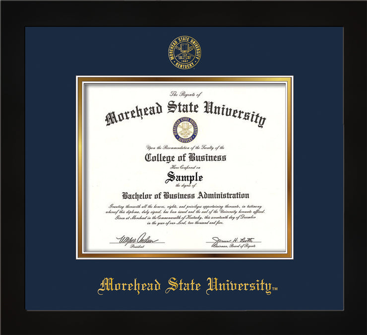 Image of Morehead State University Diploma Frame - Flat Matte Black - w/Embossed MSU Seal & Name - Navy on Gold mat