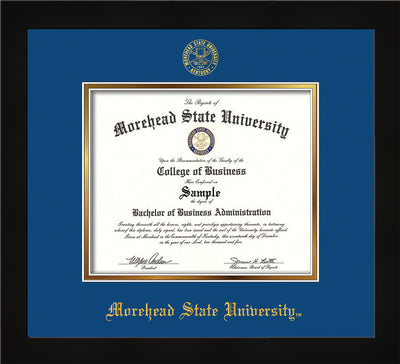 Image of Morehead State University Diploma Frame - Flat Matte Black - w/Embossed MSU Seal & Name - Royal Blue on Gold mat
