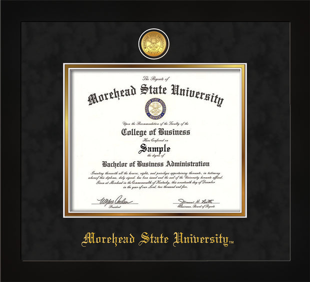 Image of Morehead State University Diploma Frame - Flat Matte Black - w/24k Gold Plated Medallion MSU Name Embossing - Black Suede on Gold Mat