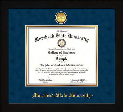 Image of Morehead State University Diploma Frame - Flat Matte Black - w/24k Gold Plated Medallion MSU Name Embossing - Navy Suede on Gold Mat