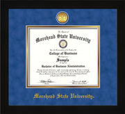 Image of Morehead State University Diploma Frame - Flat Matte Black - w/24k Gold Plated Medallion MSU Name Embossing - Royal Blue Suede on Gold Mat