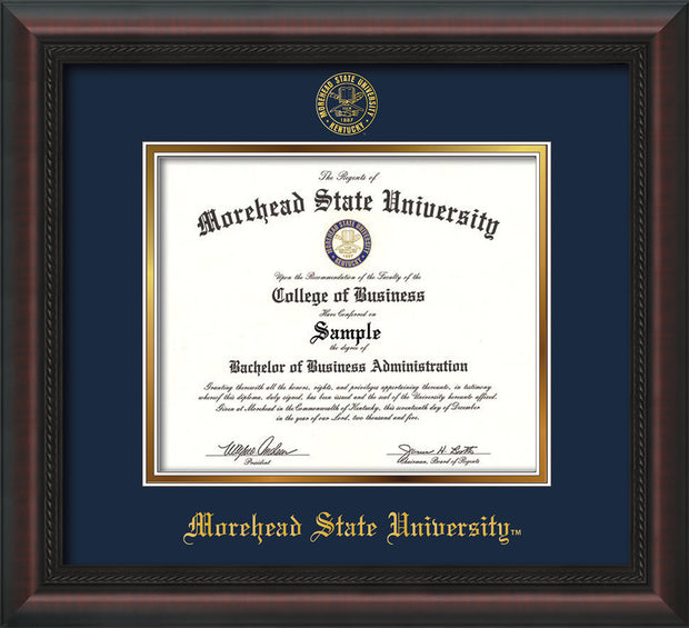 Image of Morehead State University Diploma Frame - Mahogany Braid - w/Embossed MSU Seal & Name - Navy on Gold mat