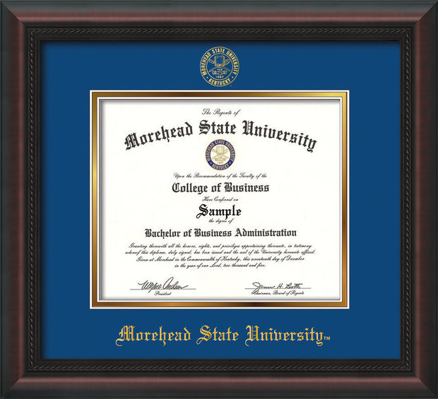 Image of Morehead State University Diploma Frame - Mahgoany Braid - w/Embossed MSU Seal & Name - Royal Blue on Gold mat