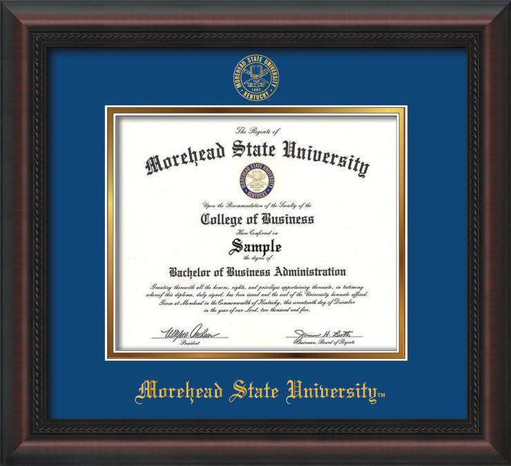 Image of Morehead State University Diploma Frame - Mahgoany Braid - w/Embossed MSU Seal & Name - Royal Blue on Gold mat