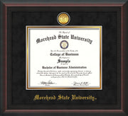 Image of Morehead State University Diploma Frame - Mahogany Braid - w/24k Gold Plated Medallion MSU Name Embossing - Black Suede on Gold Mat