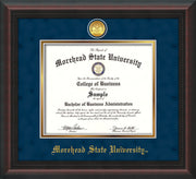 Image of Morehead State University Diploma Frame - Mahogany Braid - w/24k Gold Plated Medallion MSU Name Embossing - Navy Suede on Gold Mat