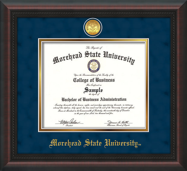 Image of Morehead State University Diploma Frame - Mahogany Braid - w/24k Gold Plated Medallion MSU Name Embossing - Navy Suede on Gold Mat