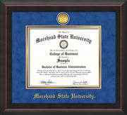Image of Morehead State University Diploma Frame - Mahogany Braid - w/24k Gold Plated Medallion MSU Name Embossing - Royal Blue Suede on Gold Mat