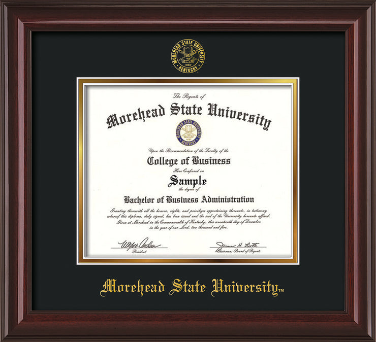 Image of Morehead State University Diploma Frame - Mahogany Lacquer - w/Embossed MSU Seal & Name - Black on Gold mat