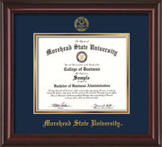 Image of Morehead State University Diploma Frame - Mahogany Lacquer - w/Embossed MSU Seal & Name - Navy on Gold mat