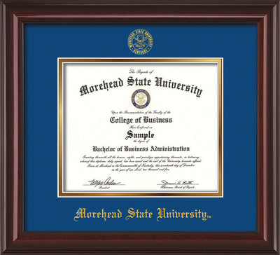 Image of Morehead State University Diploma Frame - Mahogany Lacquer - w/Embossed MSU Seal & Name - Royal Blue on Gold mat