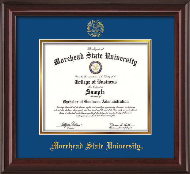 Image of Morehead State University Diploma Frame - Mahogany Lacquer - w/Embossed MSU Seal & Name - Royal Blue on Gold mat