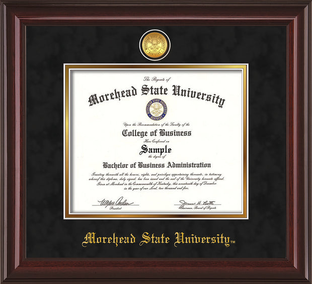 Image of Morehead State University Diploma Frame - Mahogany Lacquer - w/24k Gold Plated Medallion MSU Name Embossing - Black Suede on Gold Mat
