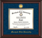 Image of Morehead State University Diploma Frame - Mahogany Lacquer - w/24k Gold Plated Medallion MSU Name Embossing - Navy Suede on Gold Mat