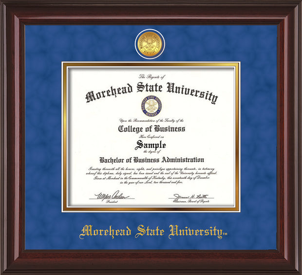 Image of Morehead State University Diploma Frame - Mahogany Lacquer - w/24k Gold Plated Medallion MSU Name Embossing - Royal Blue Suede on Gold Mat