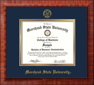 Image of Morehead State University Diploma Frame - Mezzo Gloss - w/Embossed MSU Seal & Name - Navy on Gold mat