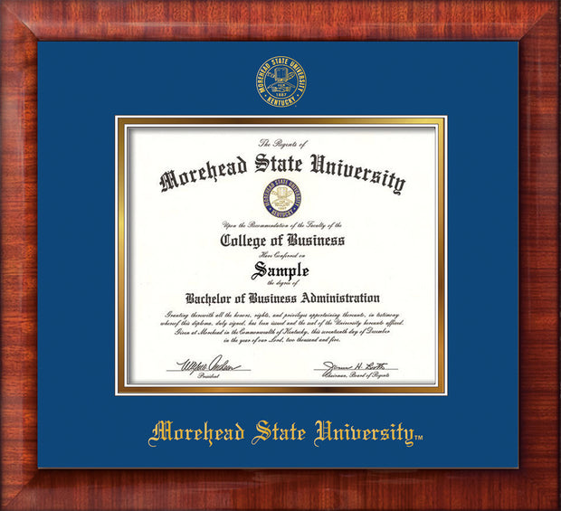 Image of Morehead State University Diploma Frame - Mezzo Gloss - w/Embossed MSU Seal & Name - Royal Blue on Gold mat