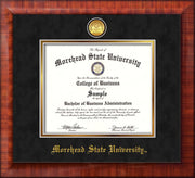 Image of Morehead State University Diploma Frame - Mezzo Gloss - w/24k Gold Plated Medallion MSU Name Embossing - Black Suede on Gold Mat