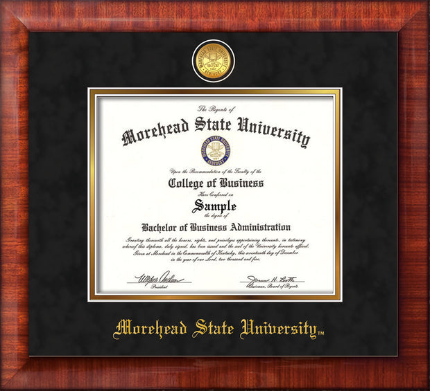 Image of Morehead State University Diploma Frame - Mezzo Gloss - w/24k Gold Plated Medallion MSU Name Embossing - Black Suede on Gold Mat