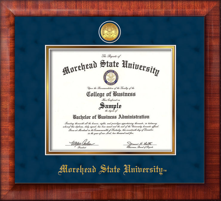 Image of Morehead State University Diploma Frame - Mezzo Gloss - w/24k Gold Plated Medallion MSU Name Embossing - Navy Suede on Gold Mat
