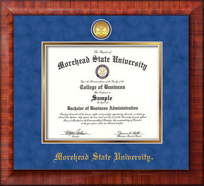 Image of Morehead State University Diploma Frame - Mezzo Gloss - w/24k Gold Plated Medallion MSU Name Embossing - Royal Blue Suede on Gold Mat