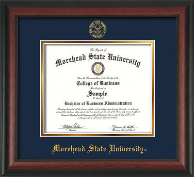 Image of Morehead State University Diploma Frame - Rosewood - w/Embossed MSU Seal & Name - Navy on Gold mat